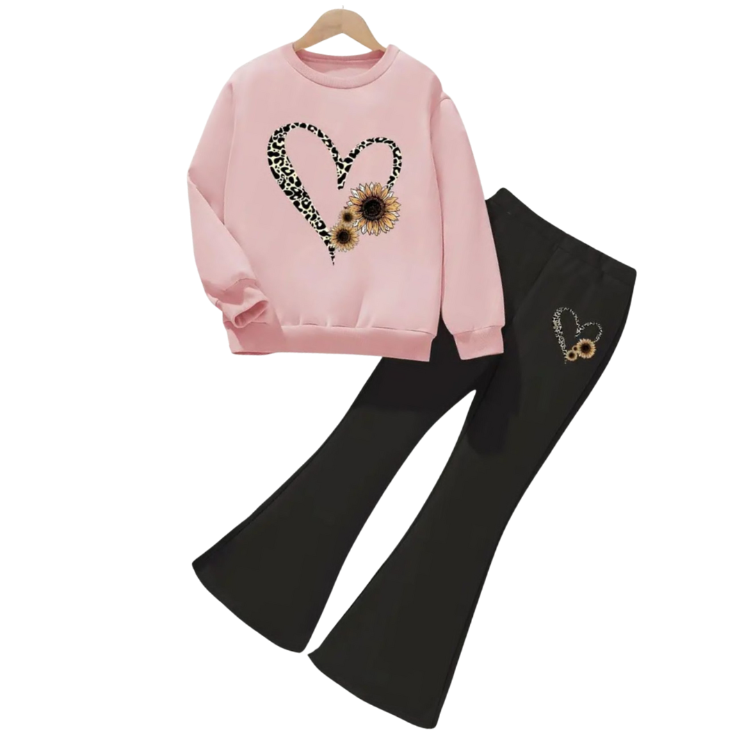 FLOWER HEART WIDE LEG FLEECE TRACKSUIT